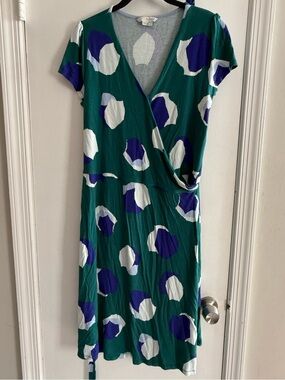 Boden Green Wrap Midi Dress with Blue and White Design - Size 10R